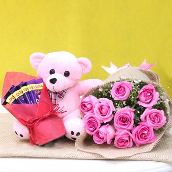 Pink Roses & Teddy With Chocolate